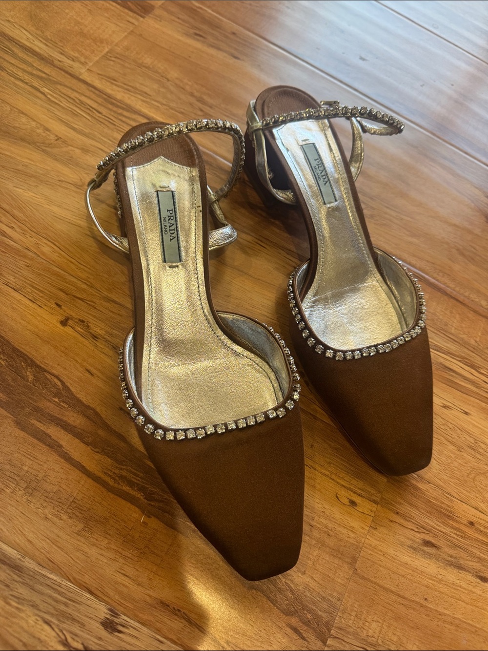Prada Brown Satin Slingback Mules with Crystal Trim